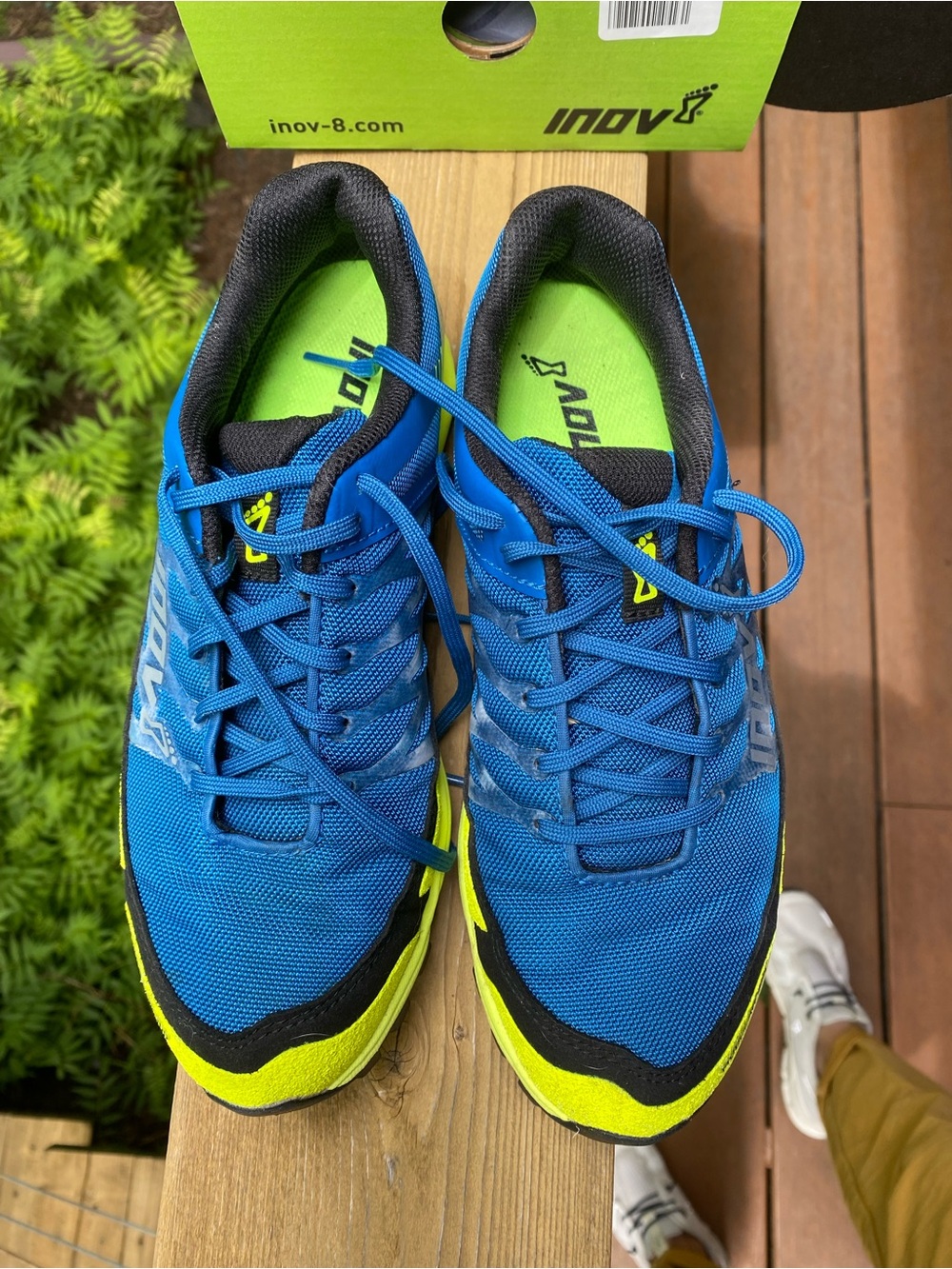 Inov-8 Blue with Neon Yellow Accent Trail Runners.